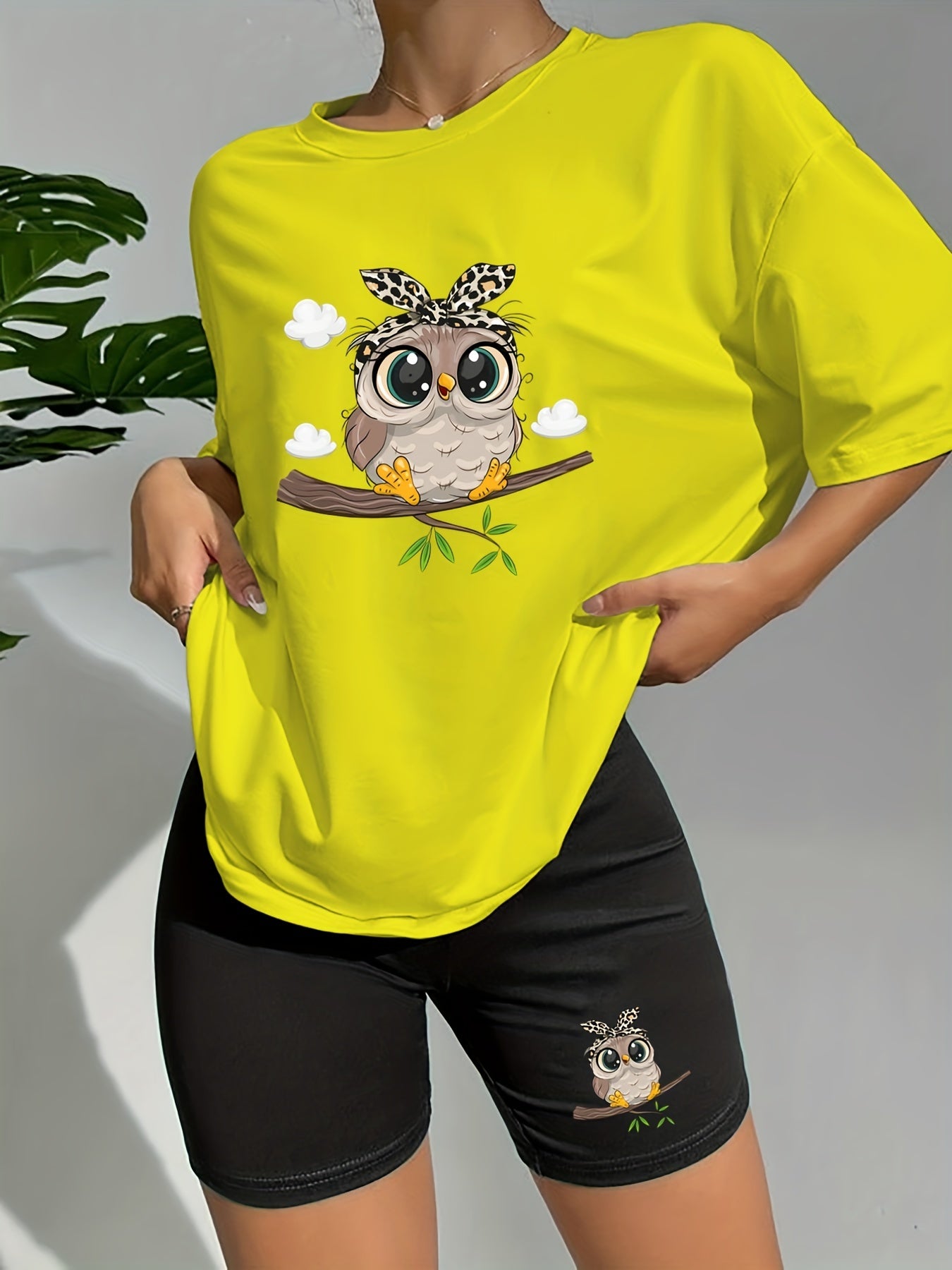 Owl Print Lounge Set Short Sleeve Crew Neck Top & Elastic Shorts