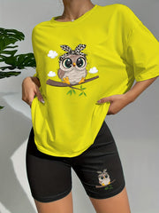 Owl Print Lounge Set Short Sleeve Crew Neck Top & Elastic Shorts
