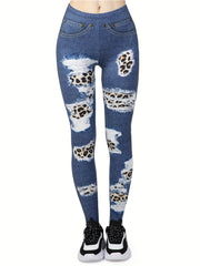 Denim Printed High Waist Leggings Slim Fit Casual Leggings