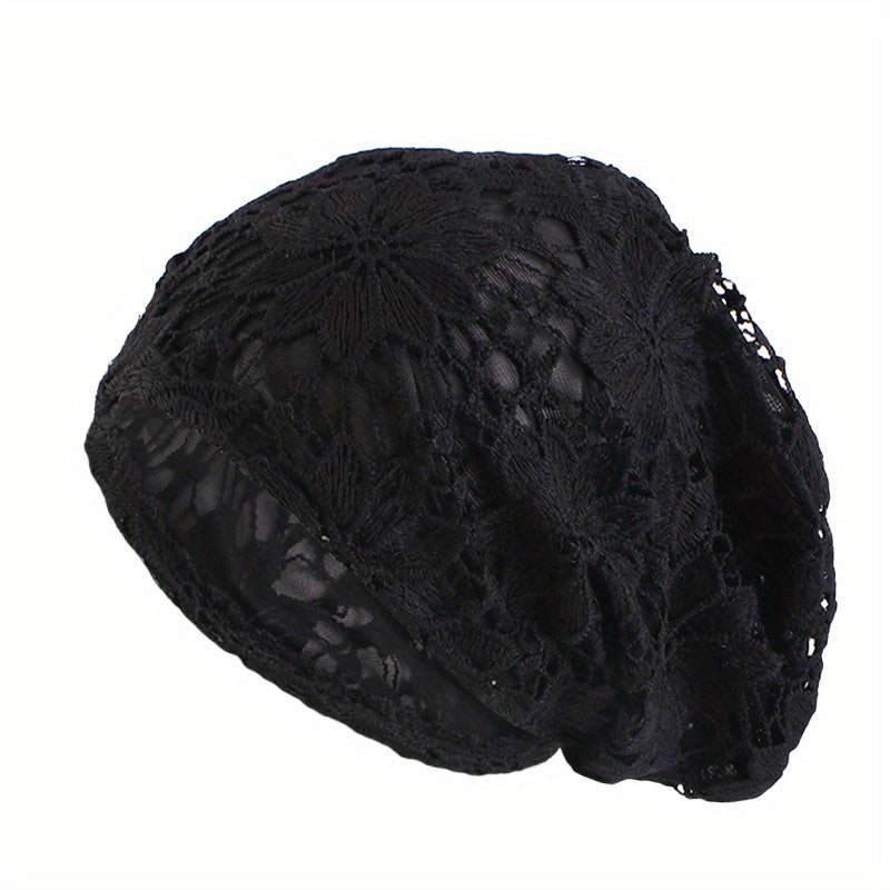 Lace Beanie Double Layer Flower Slouchy Baggy Hat for Women