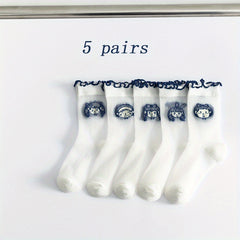 5 Pairs Children's Mesh Lace Socks for Spring Summer - Girl 1-11 Years