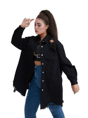 Oversized Denim Jacket with Fringe Trim