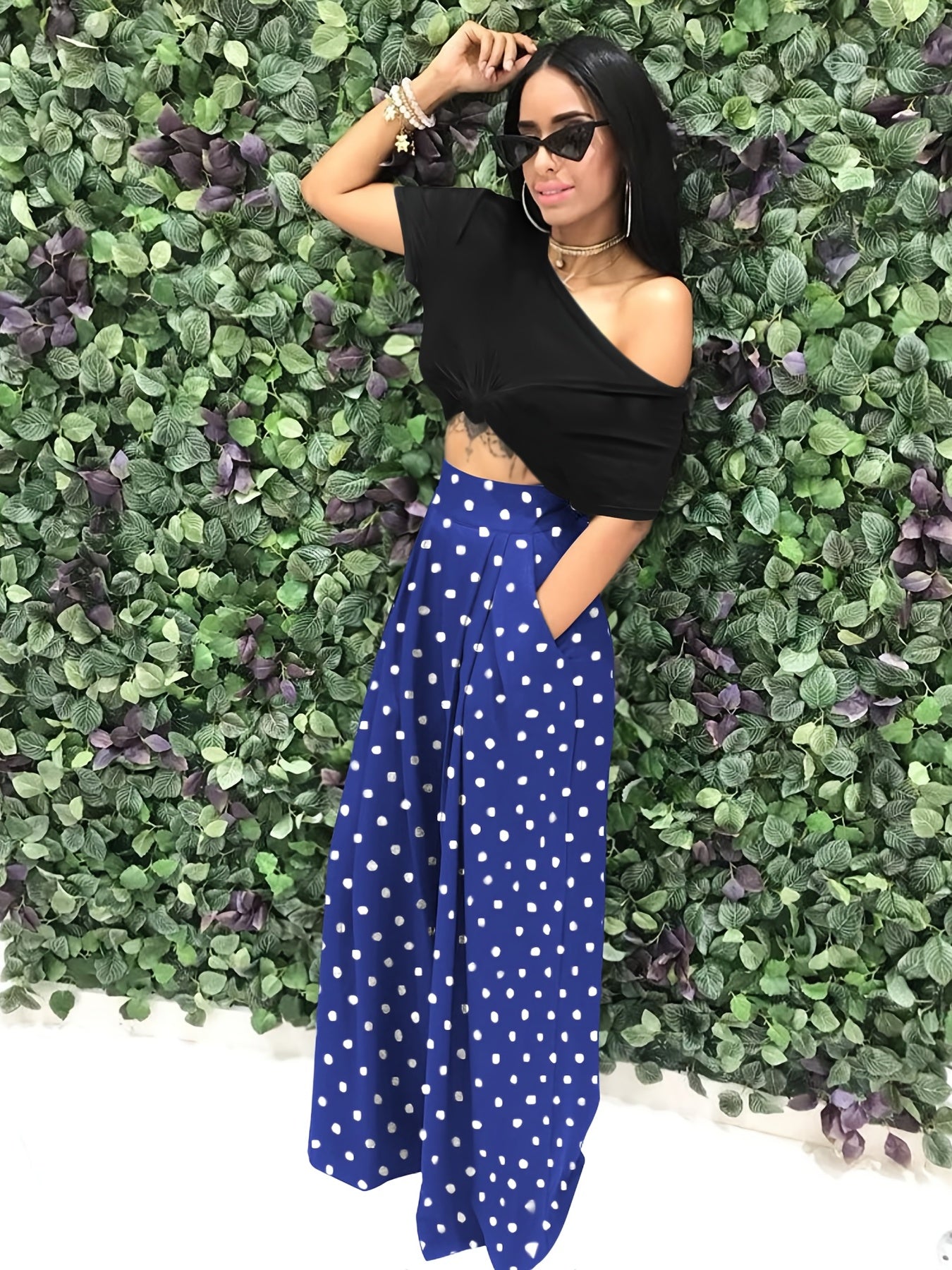 Houndstooth Wide Leg Pants High Waist Casual Pants With Pockets