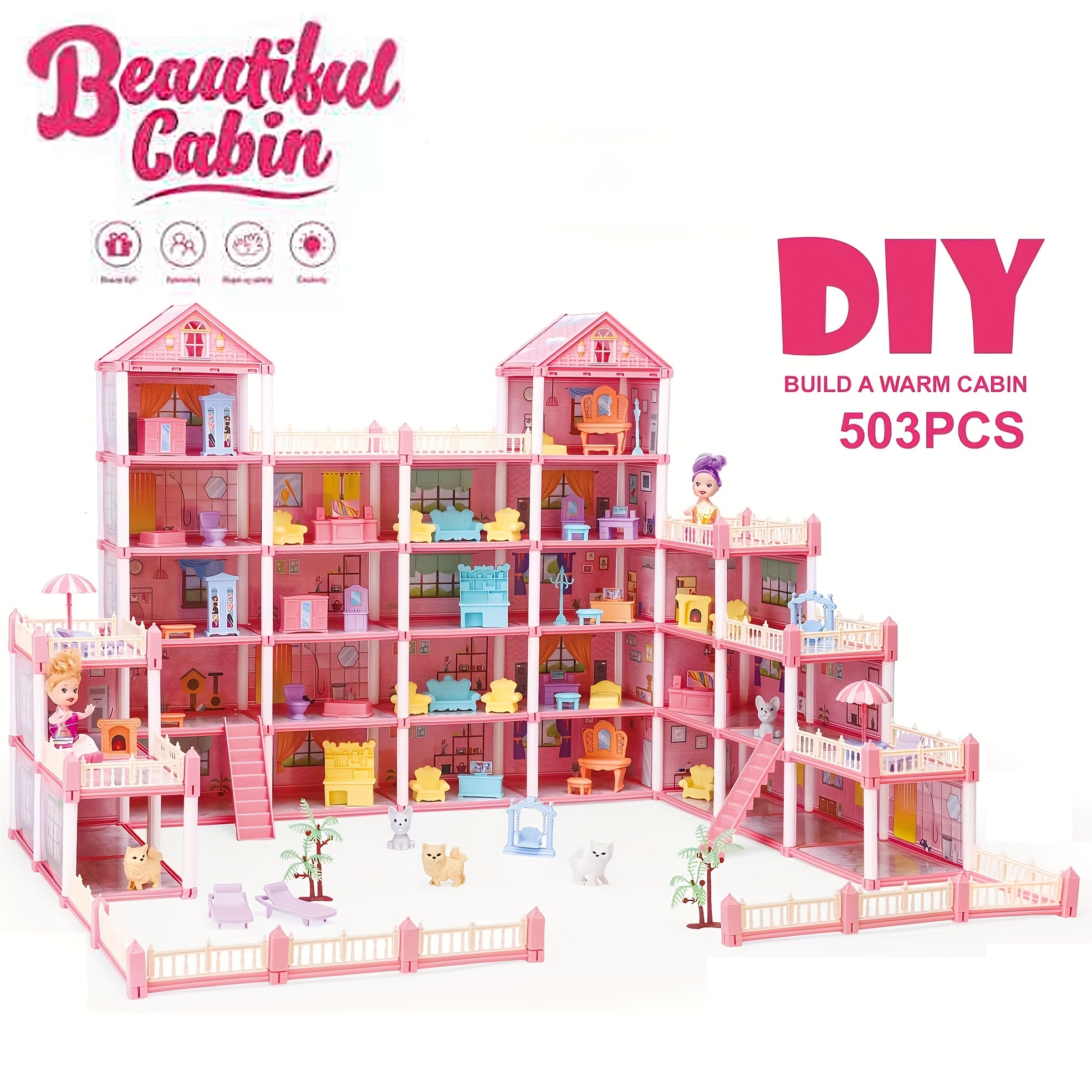 5 Story Pink Dollhouse for Girls with 27 Rooms ABS Material
