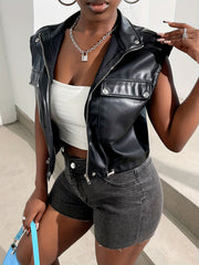 Faux Leather Zip Front Sleeveless Jacket for Women
