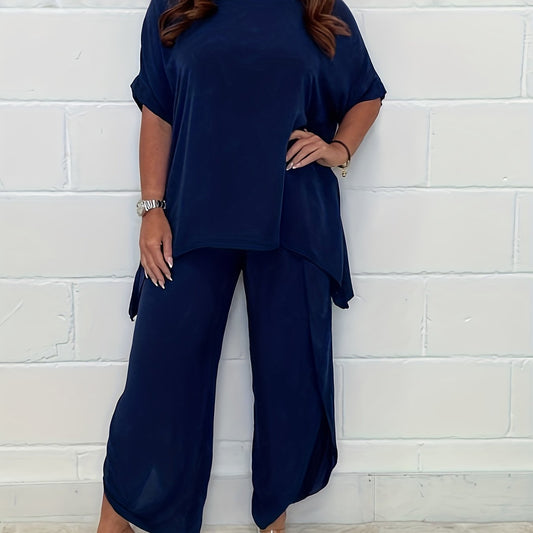 Casual Two Piece Set Crew Neck Tops & Split Pants Outfit