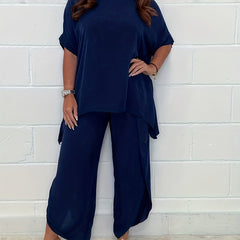 Casual Two Piece Set Crew Neck Tops & Split Pants Outfit