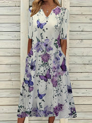 Butterfly & Floral Print Button Decor Midi Dress