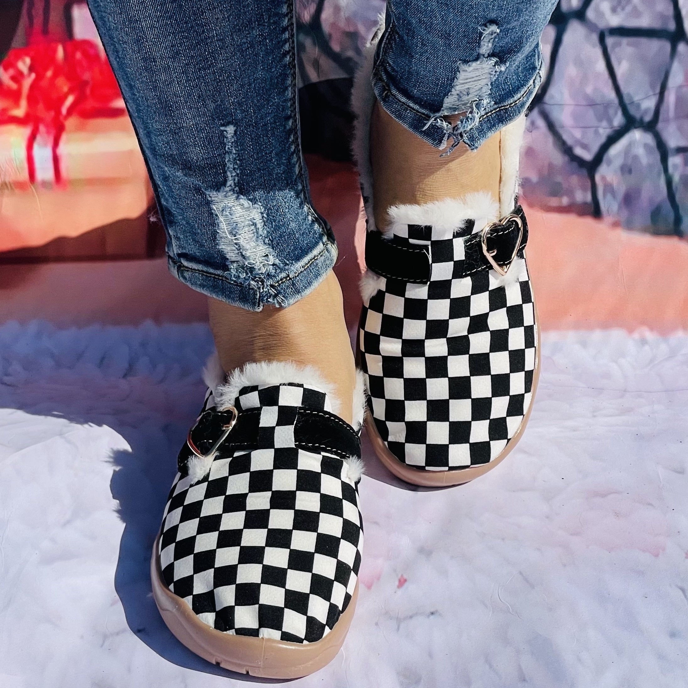 Women's Plaid Furry Slip On Shoes Warm Comfortable Lightweight