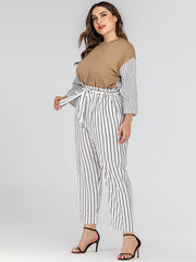 Striped Print Straight Leg Pants With Belt Women's Plus High Rise Loose Fit