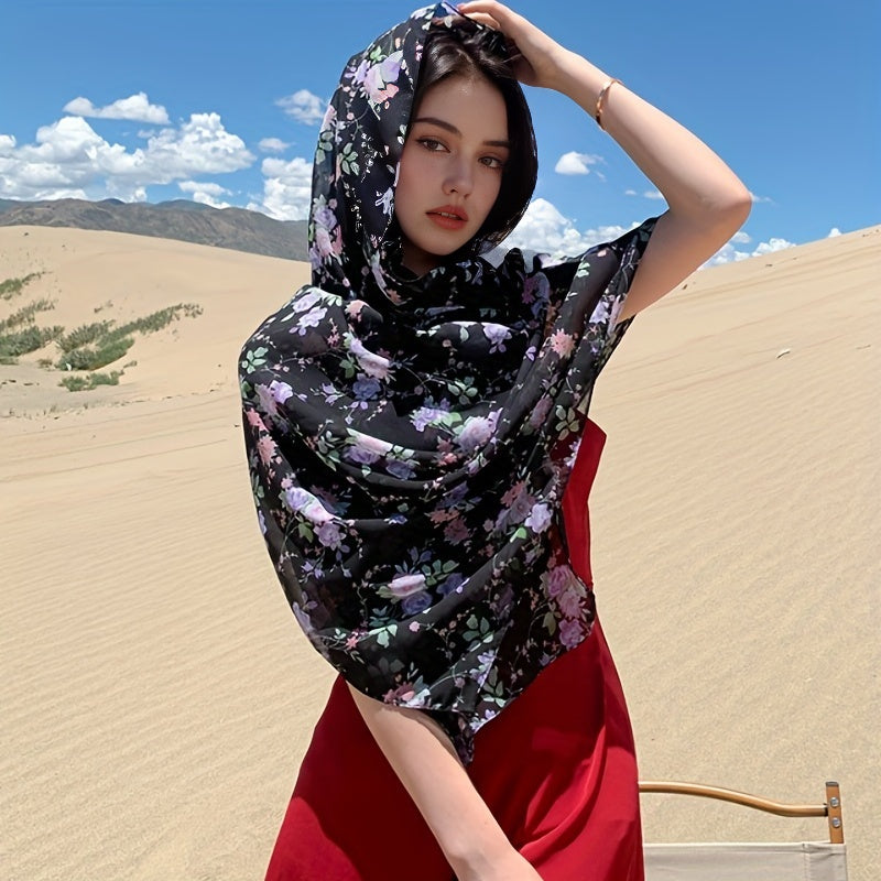 Floral Print Chiffon Shawl Scarf Wrap for Travel Beach