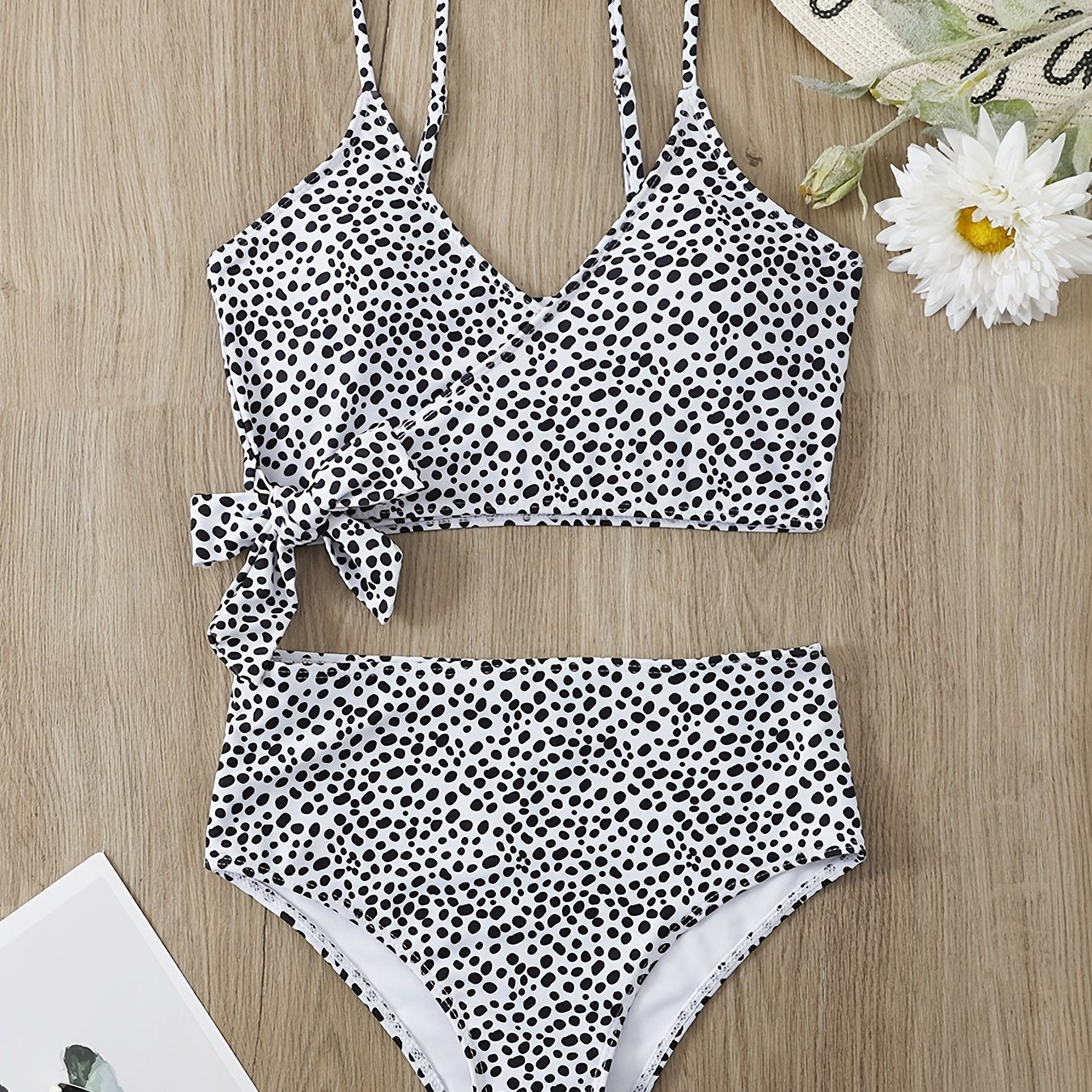 Polka Dot Bikini Set V Neck Bow Tie Spaghetti Straps High Rise