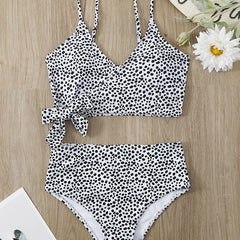 Polka Dot Bikini Set V Neck Bow Tie Spaghetti Straps High Rise