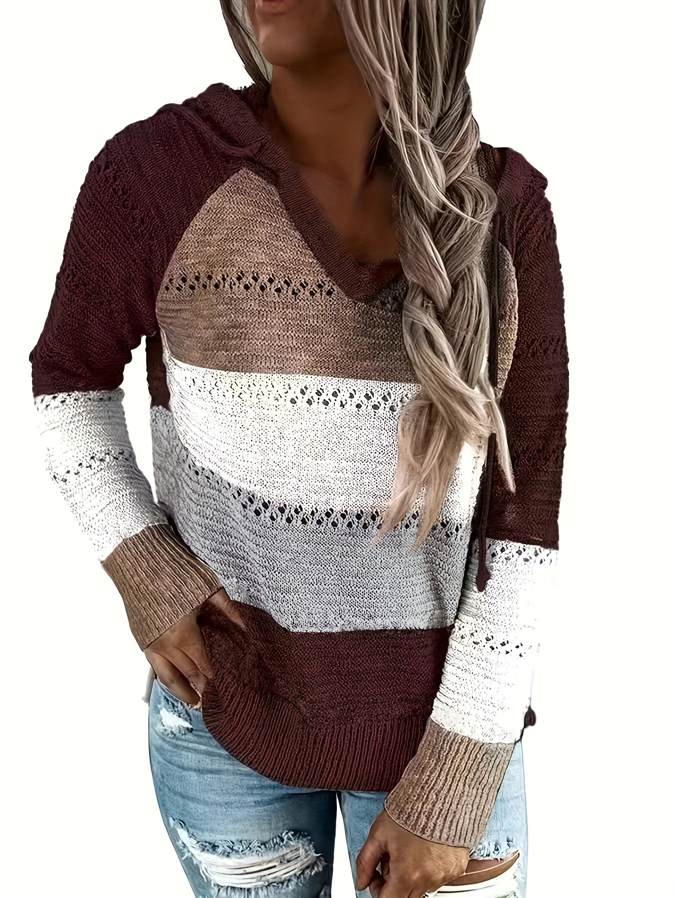Block Hooded Knit Sweater V Neck Long Sleeve Casual Women's Clothing