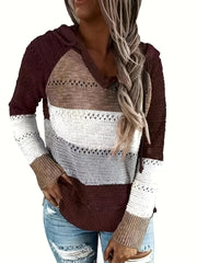 Block Hooded Knit Sweater V Neck Long Sleeve Casual Women's Clothing