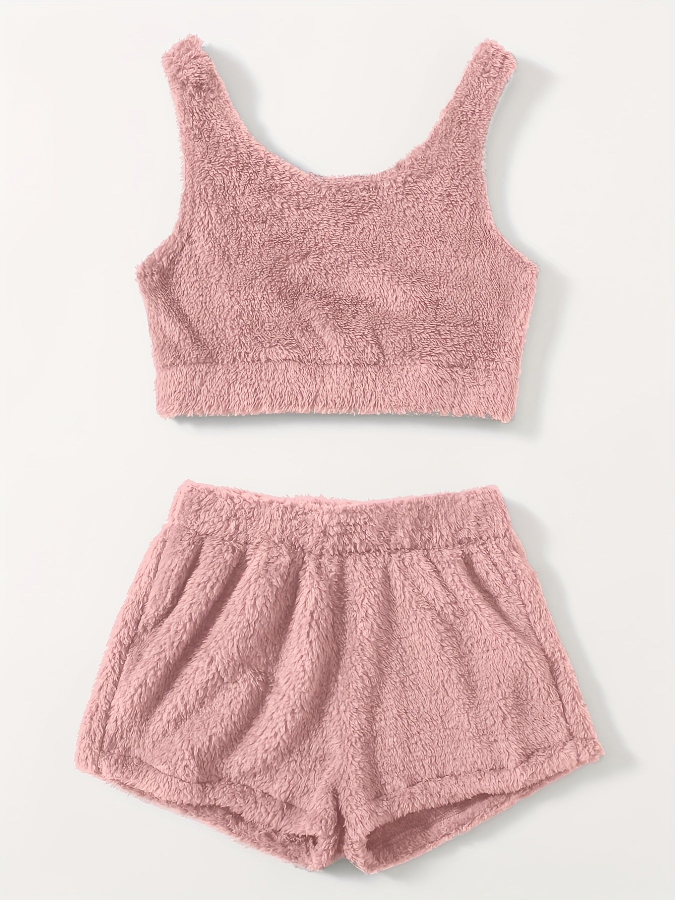 Furry Two piece Set Casual Crop Tank Top & Elastic Waist Shorts