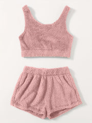 Furry Two piece Set Casual Crop Tank Top & Elastic Waist Shorts
