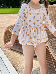 Girls Cartoon Fruit Ruffle Trim Long Sleeve 1pc Swimwear