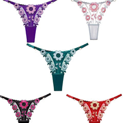 5pcs Floral Embroidery Thongs Mesh Panties Women's Lingerie