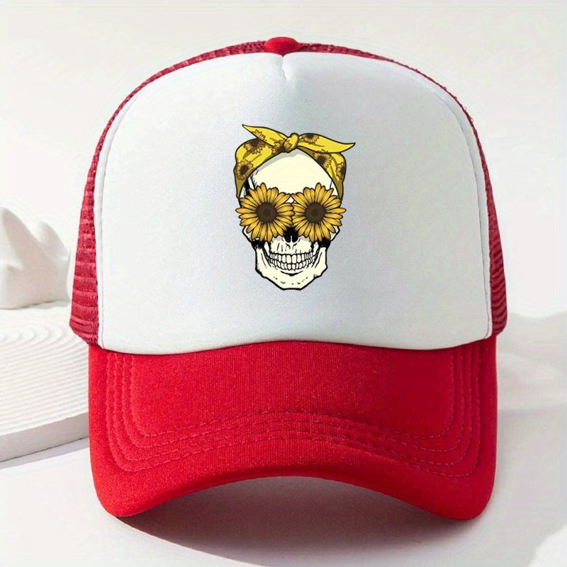 Skull Sunflower Print Baseball Cap Hip Hop Mesh Trucker Hat