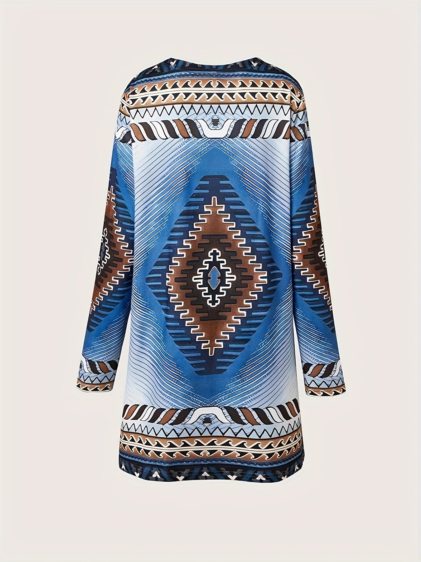 Ethnic Print Open Front Cardigan Vintage Long Sleeve Knit Outwear