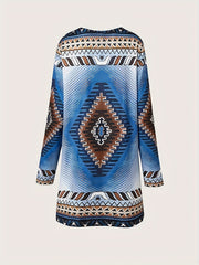 Ethnic Print Open Front Cardigan Vintage Long Sleeve Knit Outwear