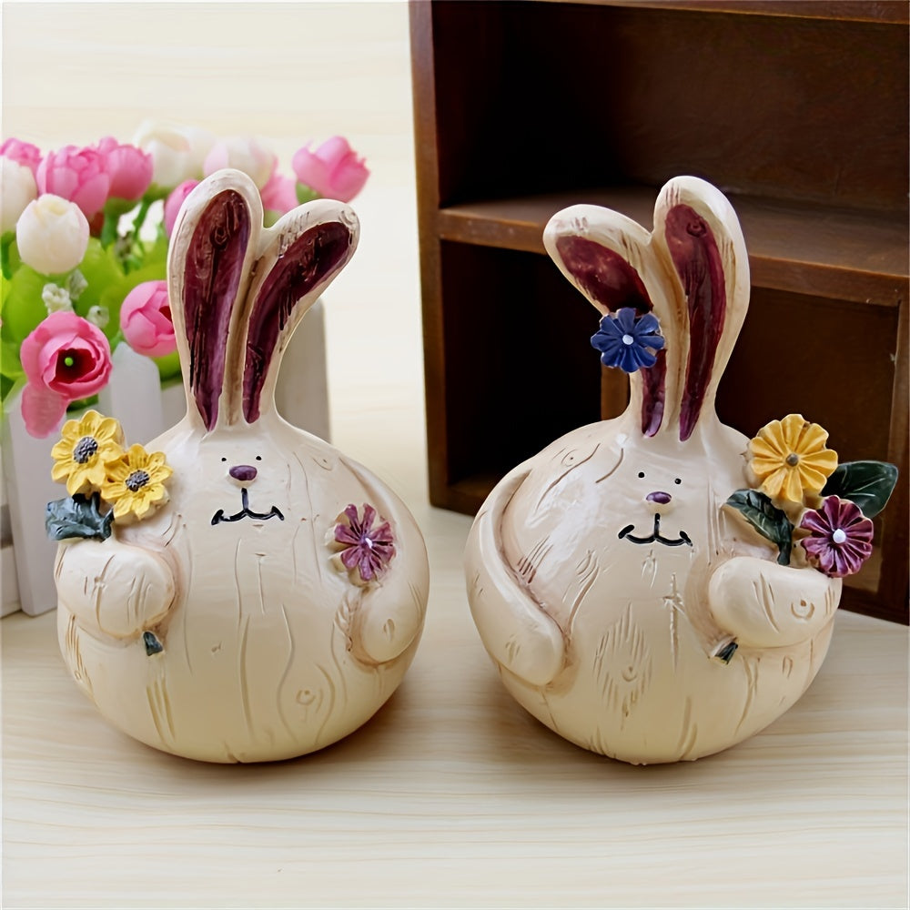 Easter Resin Decorations - Rabbit & People Picking Flowers - Rural Style