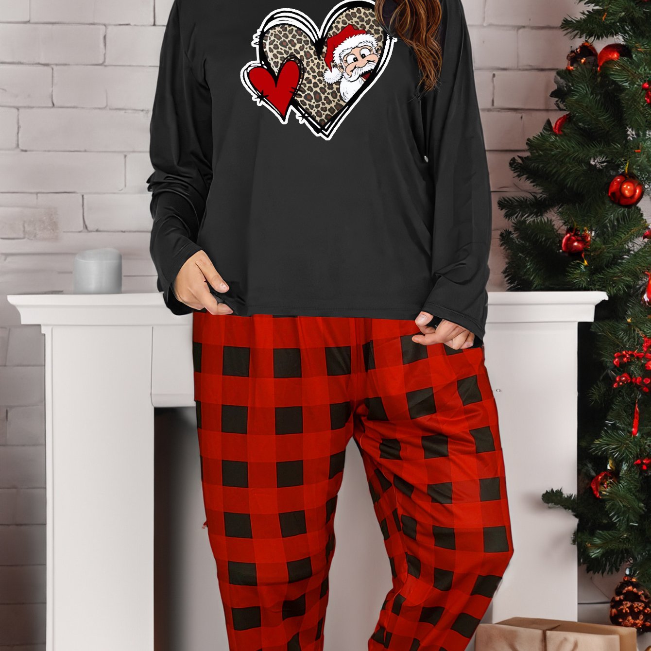 Christmas Lounge Set Santa & Leopard Tee Plaid Pants