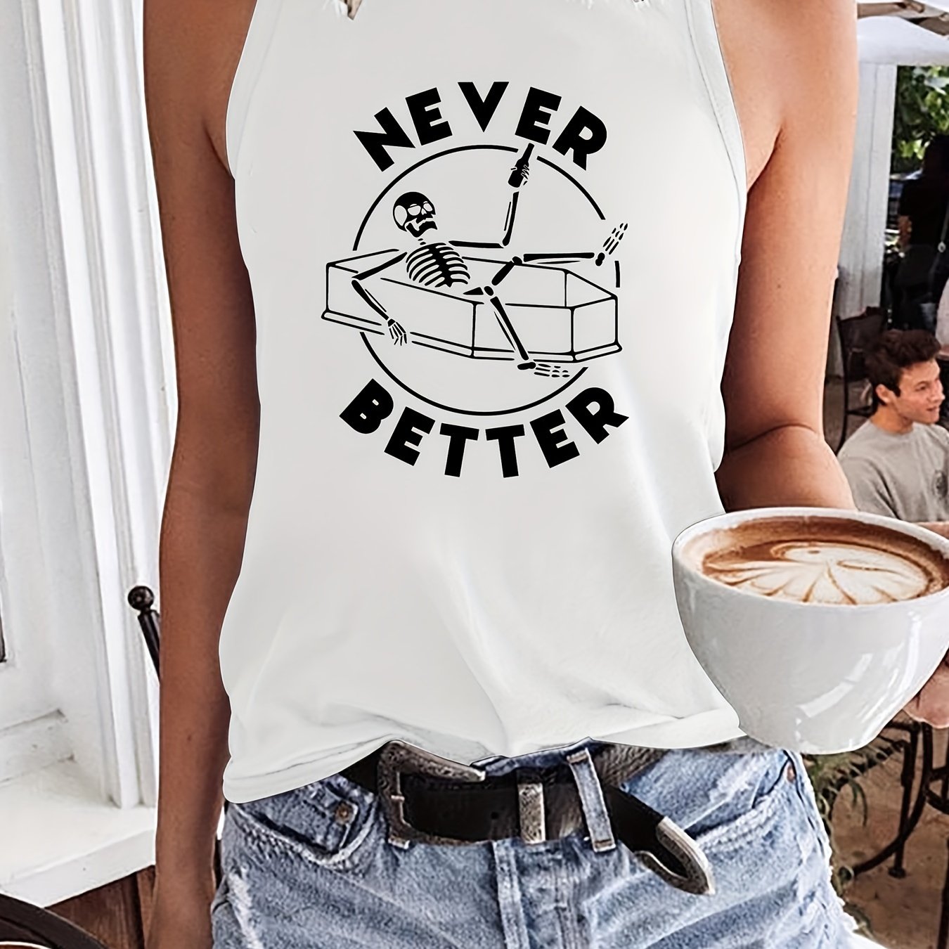 Skeleton & NEVER BETTER Print Tank Top Summer Sleeveless Top