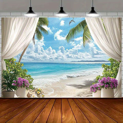 Tropical Beach Scene Backdrop with Palm Trees and Vibrant Flowers