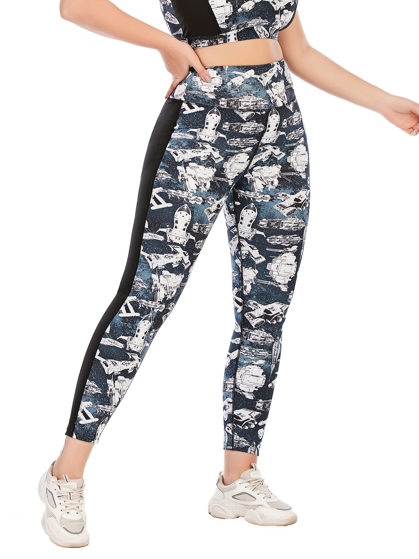 Colorblock Spaceship Print Yoga Sports Leggings Plus Size