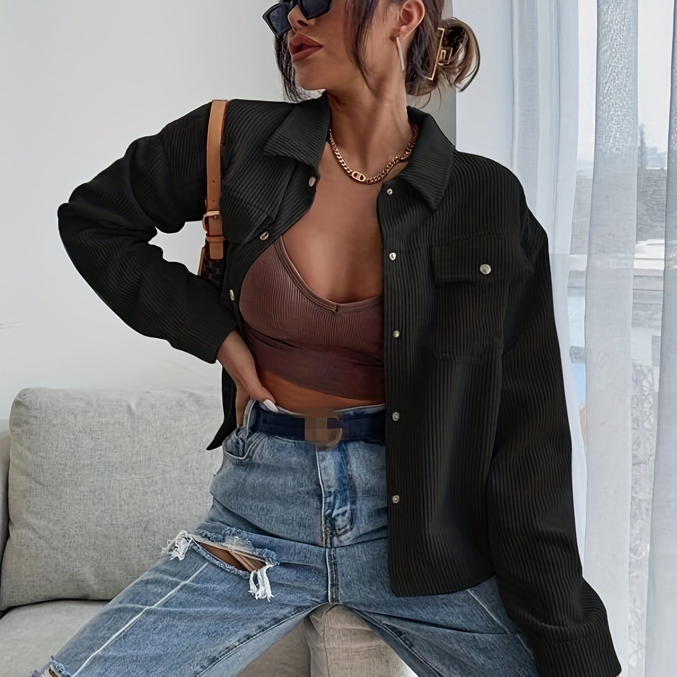 Corduroy Trucker Jacket Long Sleeve for Fall & Winter Women