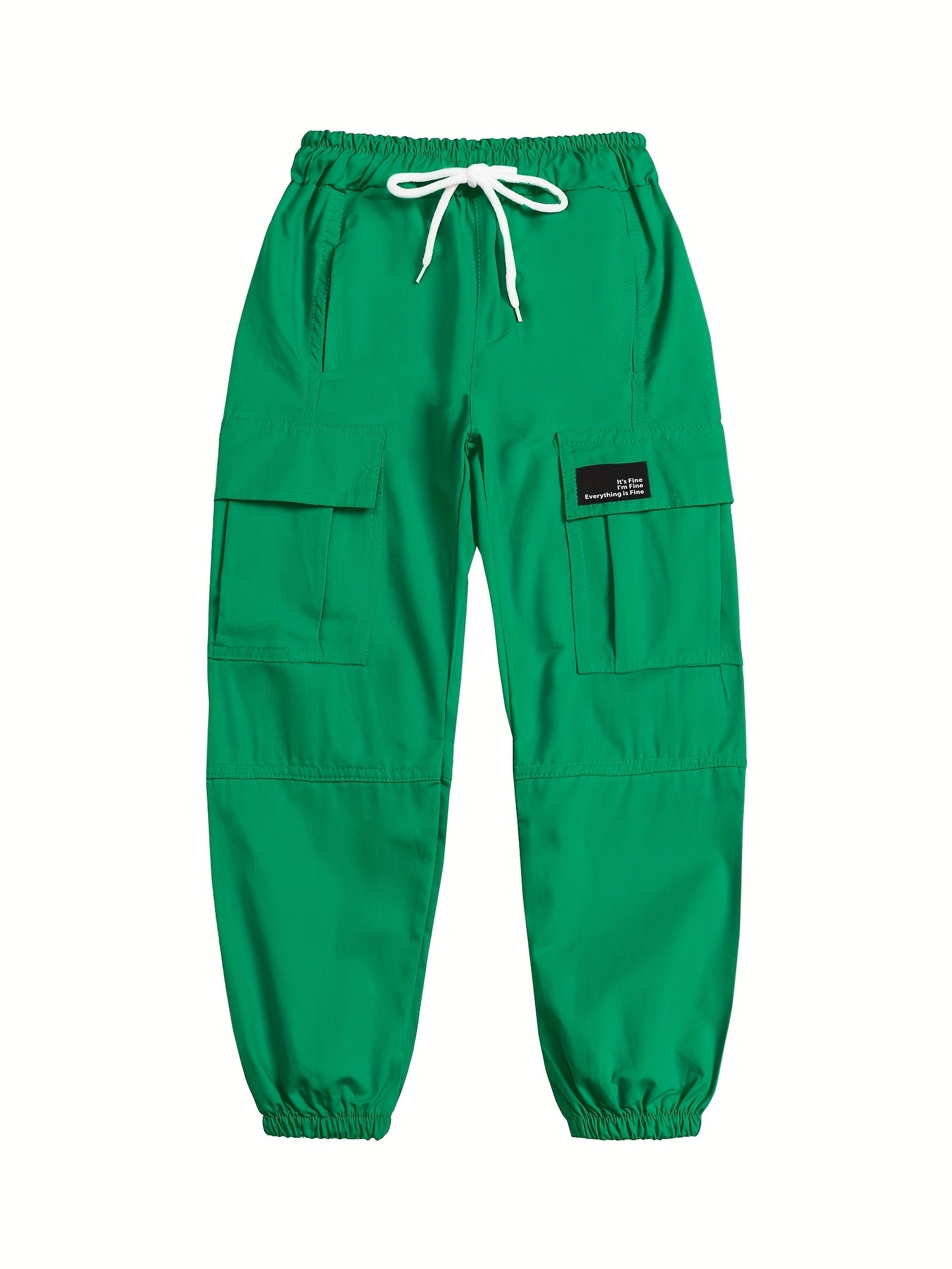 Girls Cargo Pants Elastic Waist Drawstring Loose Tapered Pockets Jogger Pants