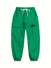 Girls Cargo Pants Elastic Waist Drawstring Loose Tapered Pockets Jogger Pants