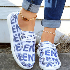 Women's Letter Pattern Boat Shoes Lace Up Casual Canvas Shoes