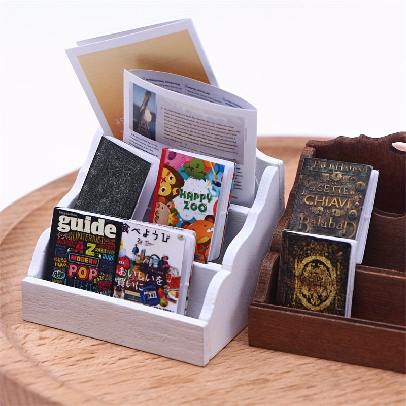 Wooden Dollhouse Storage Rack with Books and Desk Accessories