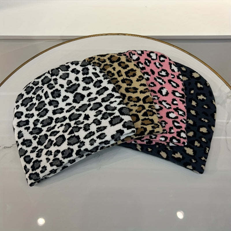 Leopard Jacquard Ear Protection Sport Knit Beanie Hat