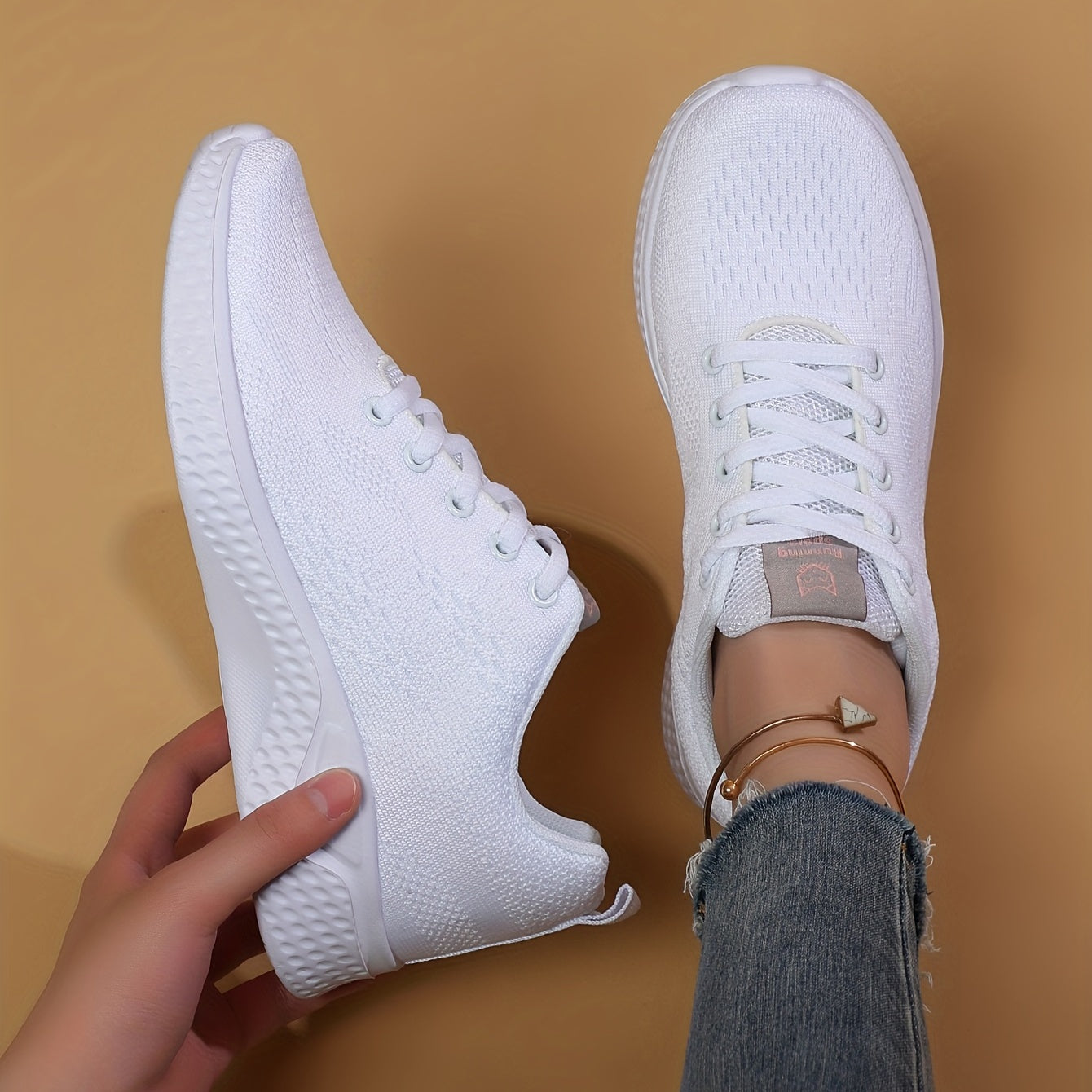 Women's Solid Sneakers Casual Breathable Knit Lace Up Shoes Lightweight