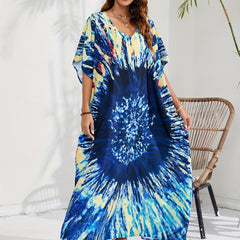 Plus Tie Dye Batwing Sleeve V Neck Maxi Split Kaftan Cover Up Dress