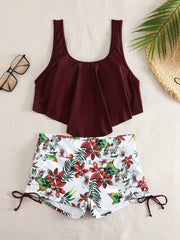 Print Ruffled Trim Tankini Set Tie Side Boxer Short 2Pc Swimsuit