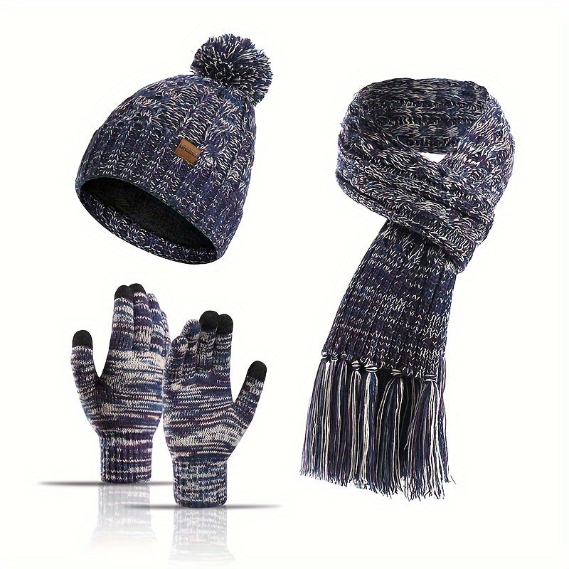 Winter Knitted Hat Scarf Set Velvet Lining Warm Beanies Pom Touch Screen Gloves