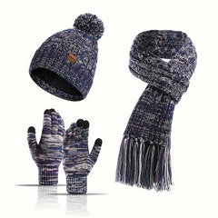 Winter Knitted Hat Scarf Set Velvet Lining Warm Beanies Pom Touch Screen Gloves