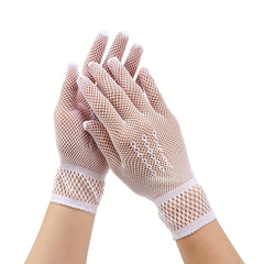 Red Nylon Fishnet Bridal Gloves with Lace Trim for Wedding