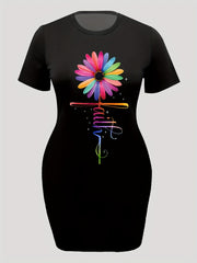 Colorful Art Letter & Sunflower Print High Stretch Dress