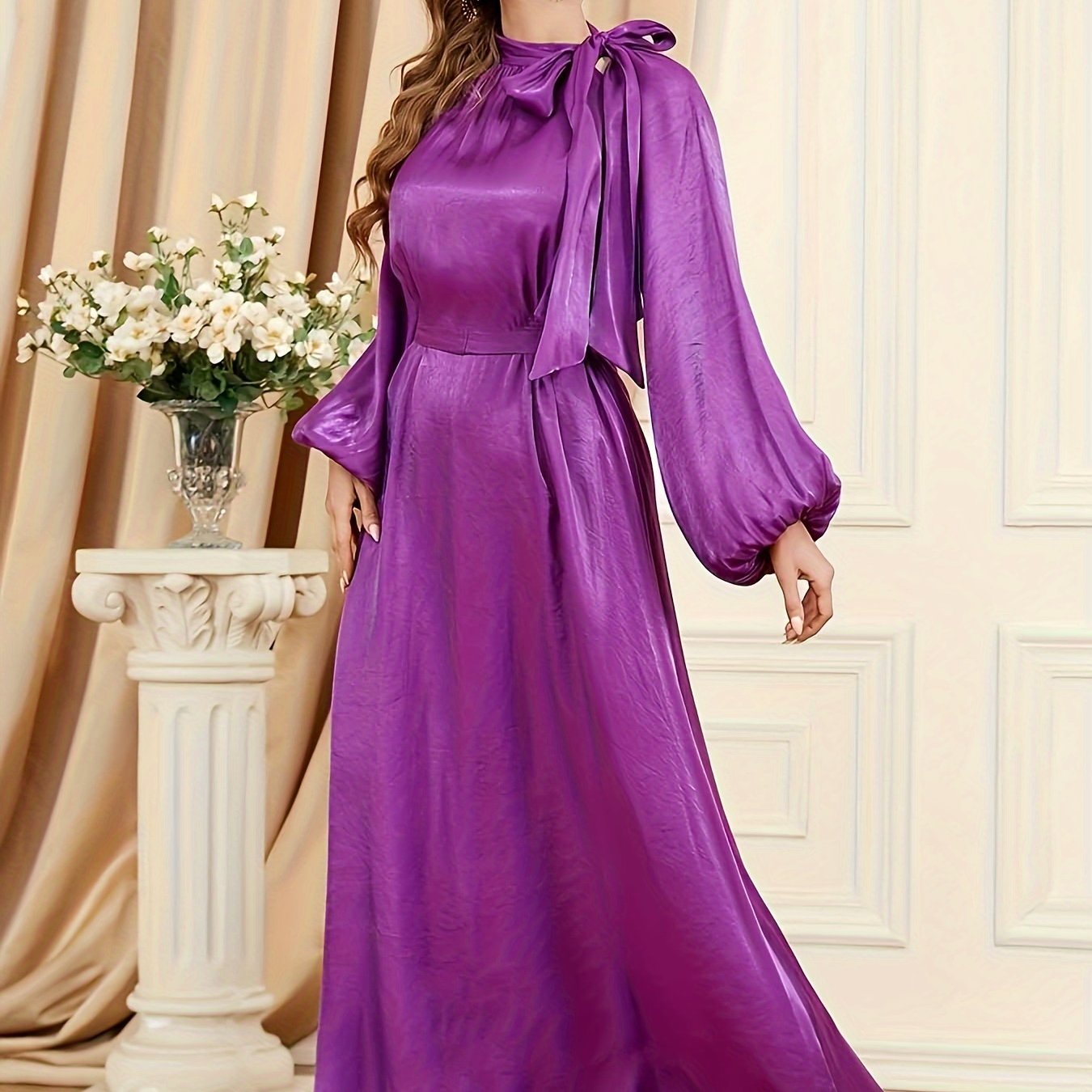 Abaya Dress Satin Lantern Sleeve Maxi Jalabiya Dress