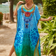 Boho Cover Up Dress Colorblock Leopard Print Bat Sleeve V Neck