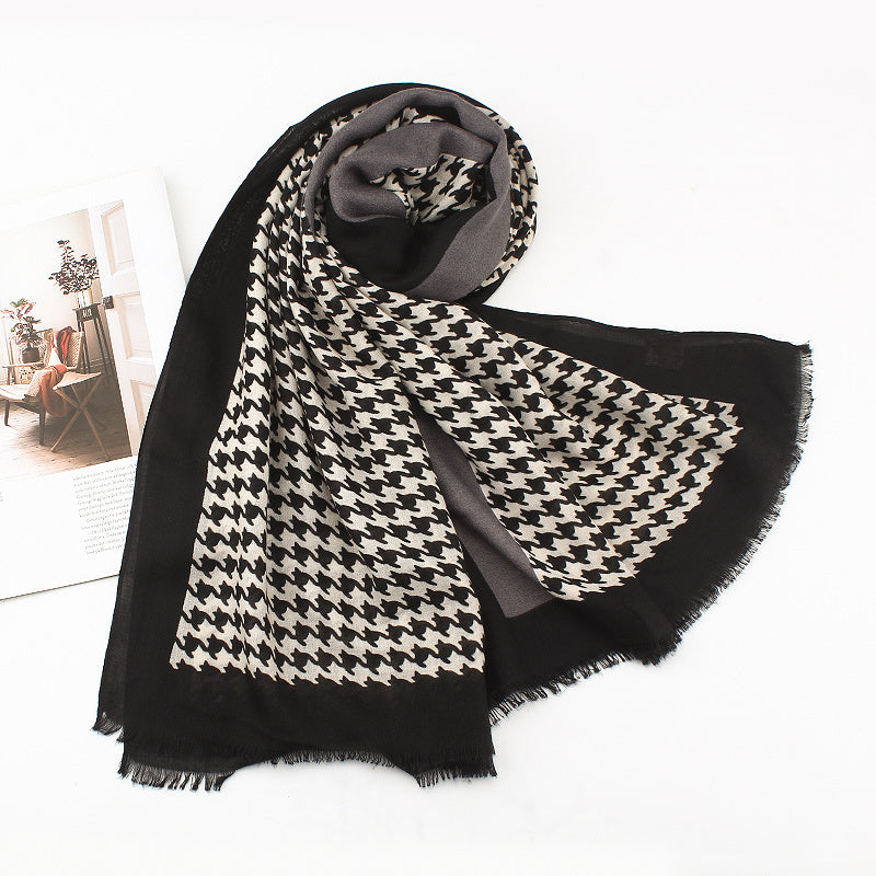Houndstooth Frayed Scarf Shawl for Outdoor Travel