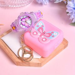 Girls' 3D Butterfly Silicone Strap Watch with LED Flash Quartz Wristwatch Set