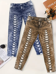 Girls 3D Denim Printed Leggings with Lace Up Design