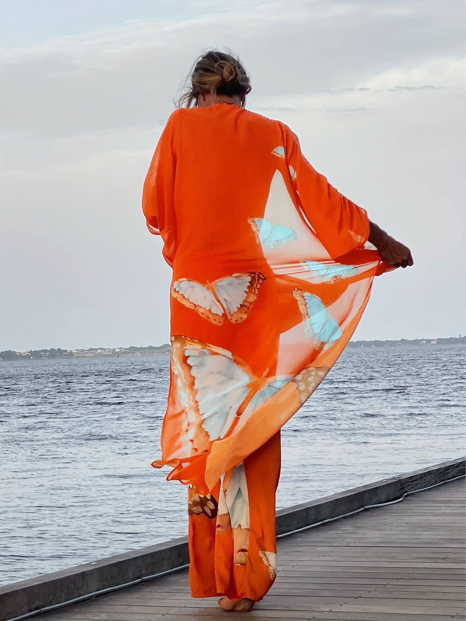 Orange Butterfly Print V Neck 2 Piece Beachwear Knot Front Kaftan Pants